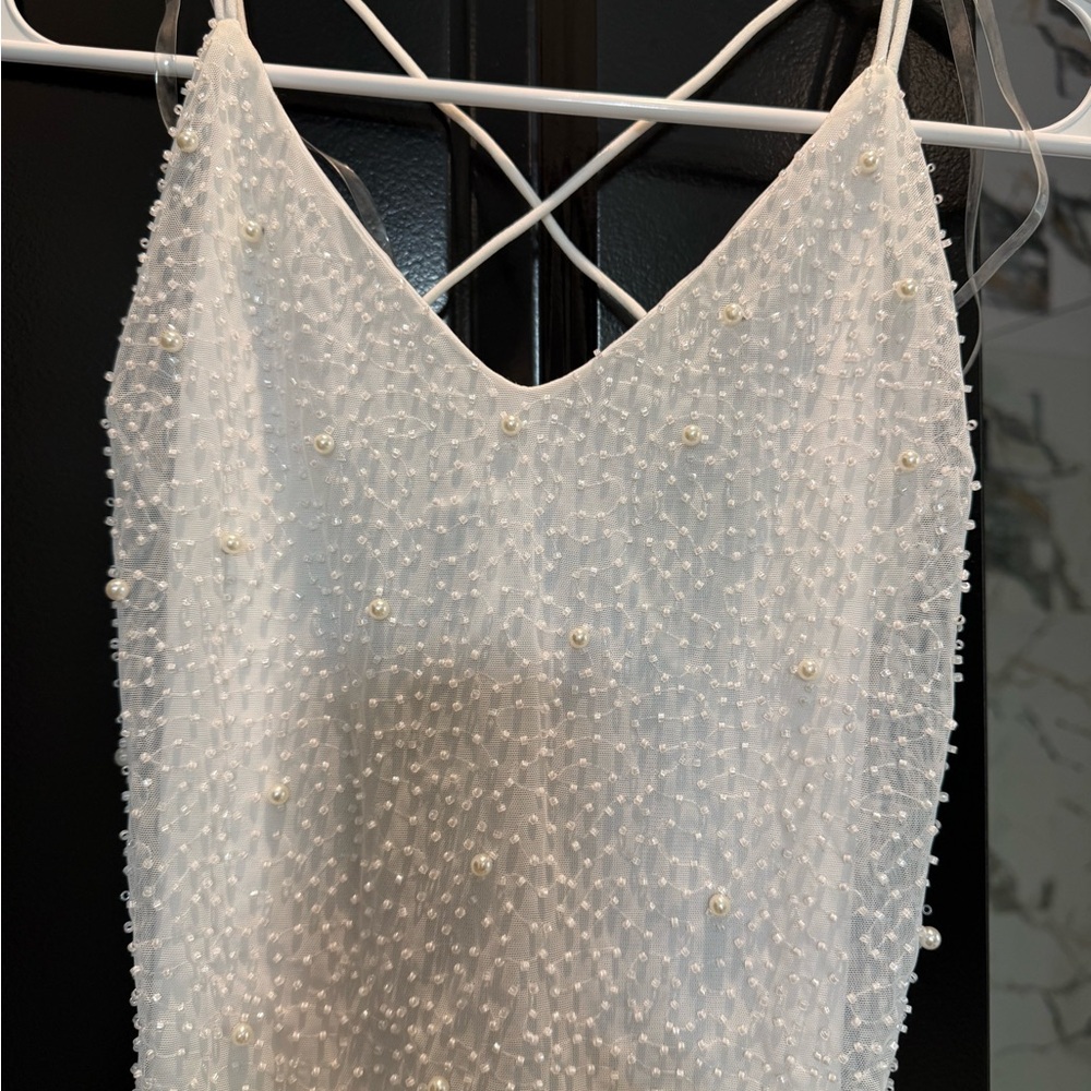 Pearl-Embellished White Mini Dress